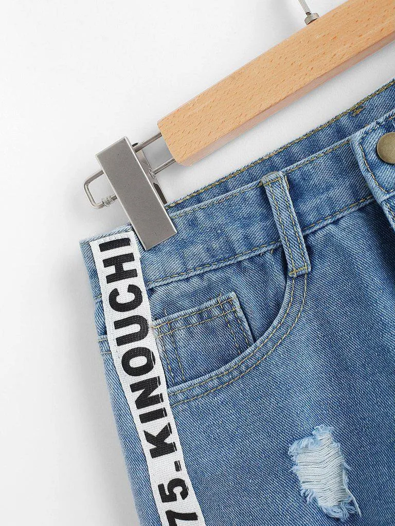 Frayed Hem Ripped Letter Denim Shorts