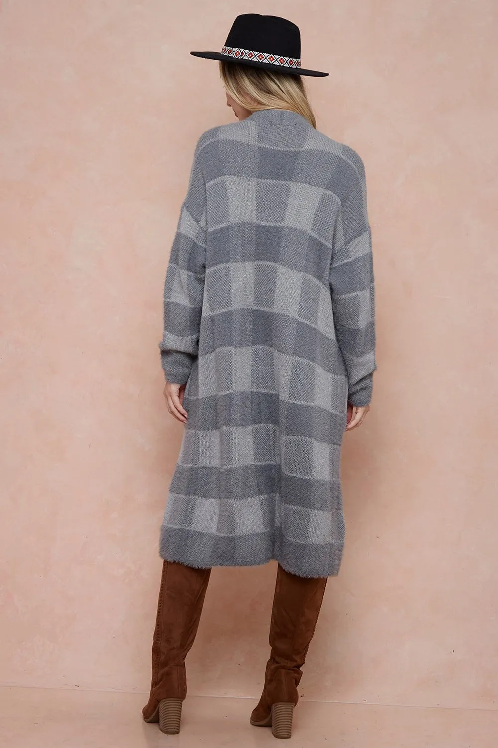 Front Patched Pocket Sweater Duster Plaid Check Long Cardigan