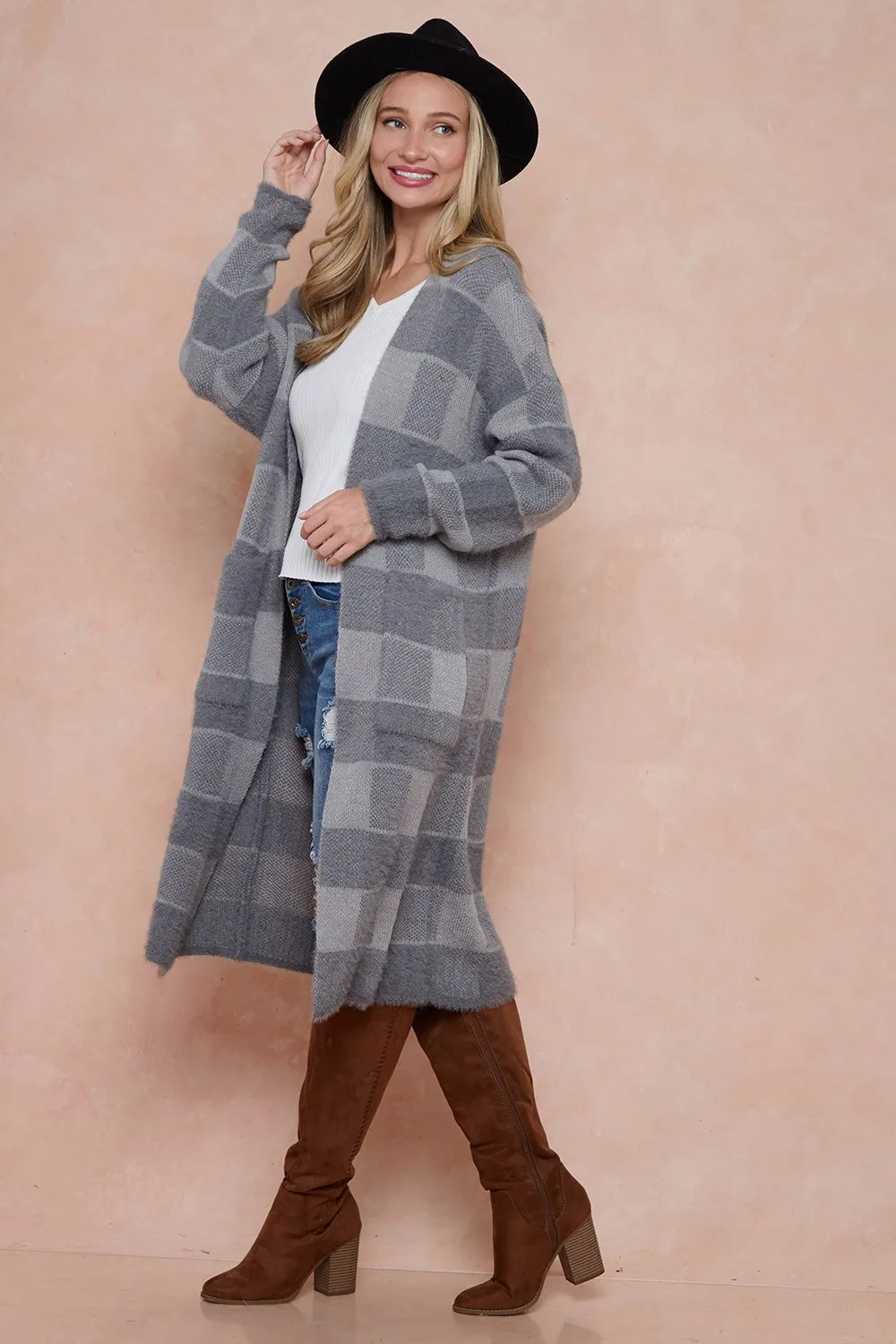 Front Patched Pocket Sweater Duster Plaid Check Long Cardigan