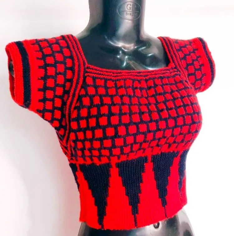 GraminArts Handmade Red & Black Vardhman Woollen Knitted Blouse For Women