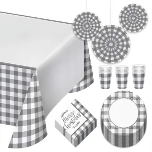 Gray & White Buffalo Plaid Merry Christmas Dinner Party Pack - Paper Plates, Napkins, Cups, Table Cover, and Hanging Decorations Set (Serves 16)