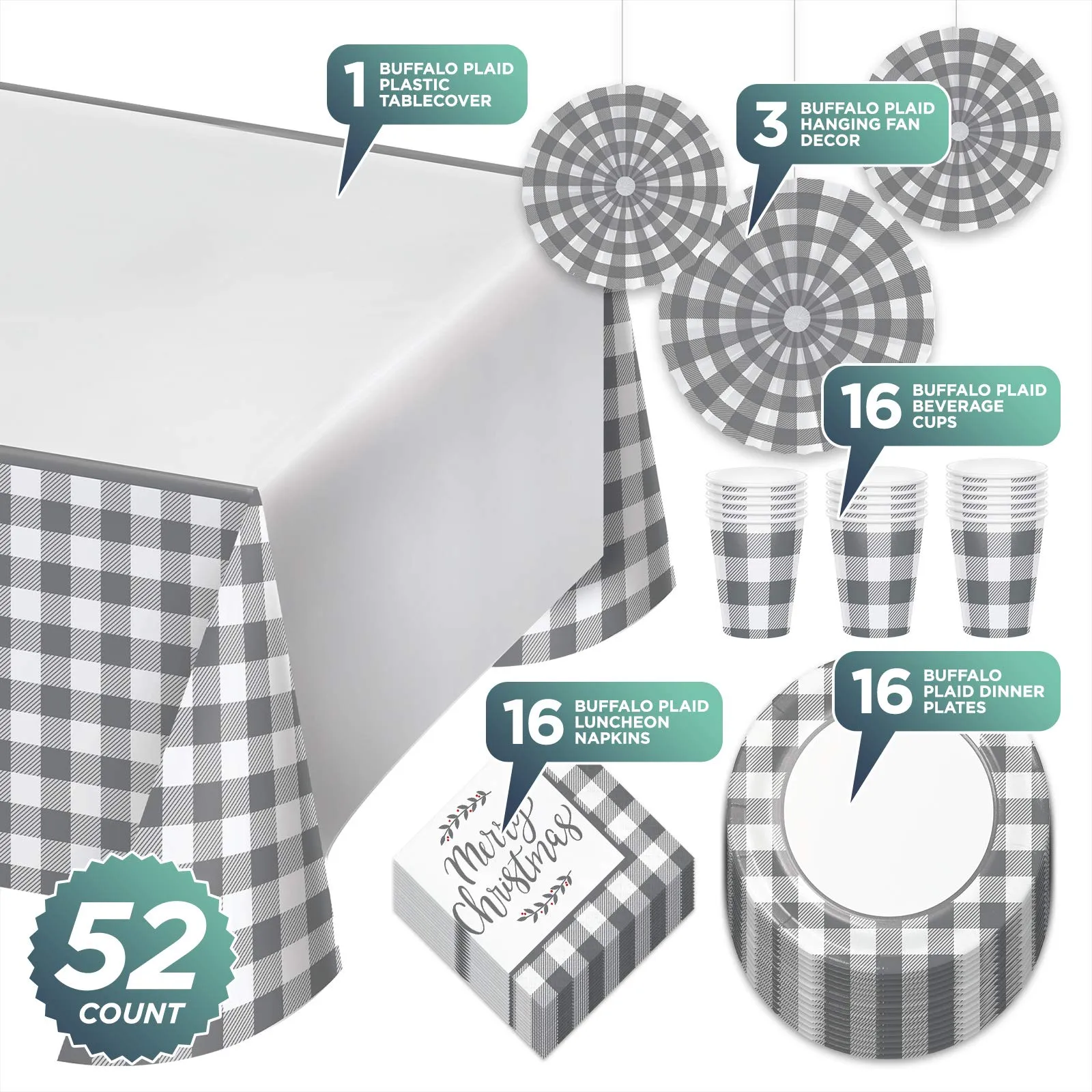 Gray & White Buffalo Plaid Merry Christmas Dinner Party Pack - Paper Plates, Napkins, Cups, Table Cover, and Hanging Decorations Set (Serves 16)