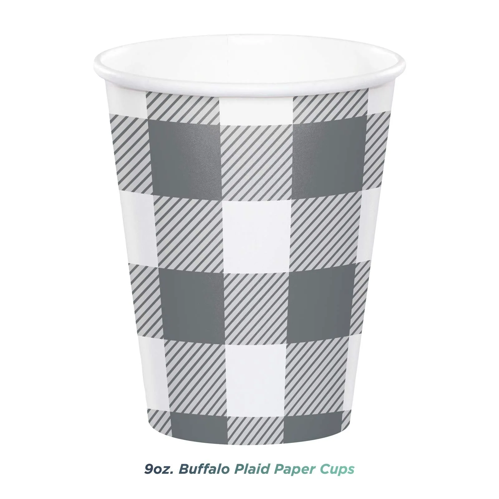 Gray & White Buffalo Plaid Merry Christmas Dinner Party Pack - Paper Plates, Napkins, Cups, Table Cover, and Hanging Decorations Set (Serves 16)