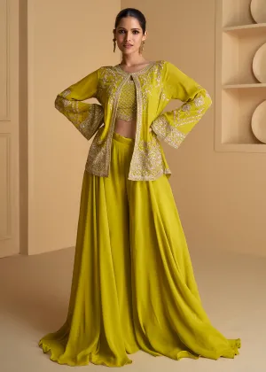 Green Jacket Style Embroidered Indo Western Palazzo Suit