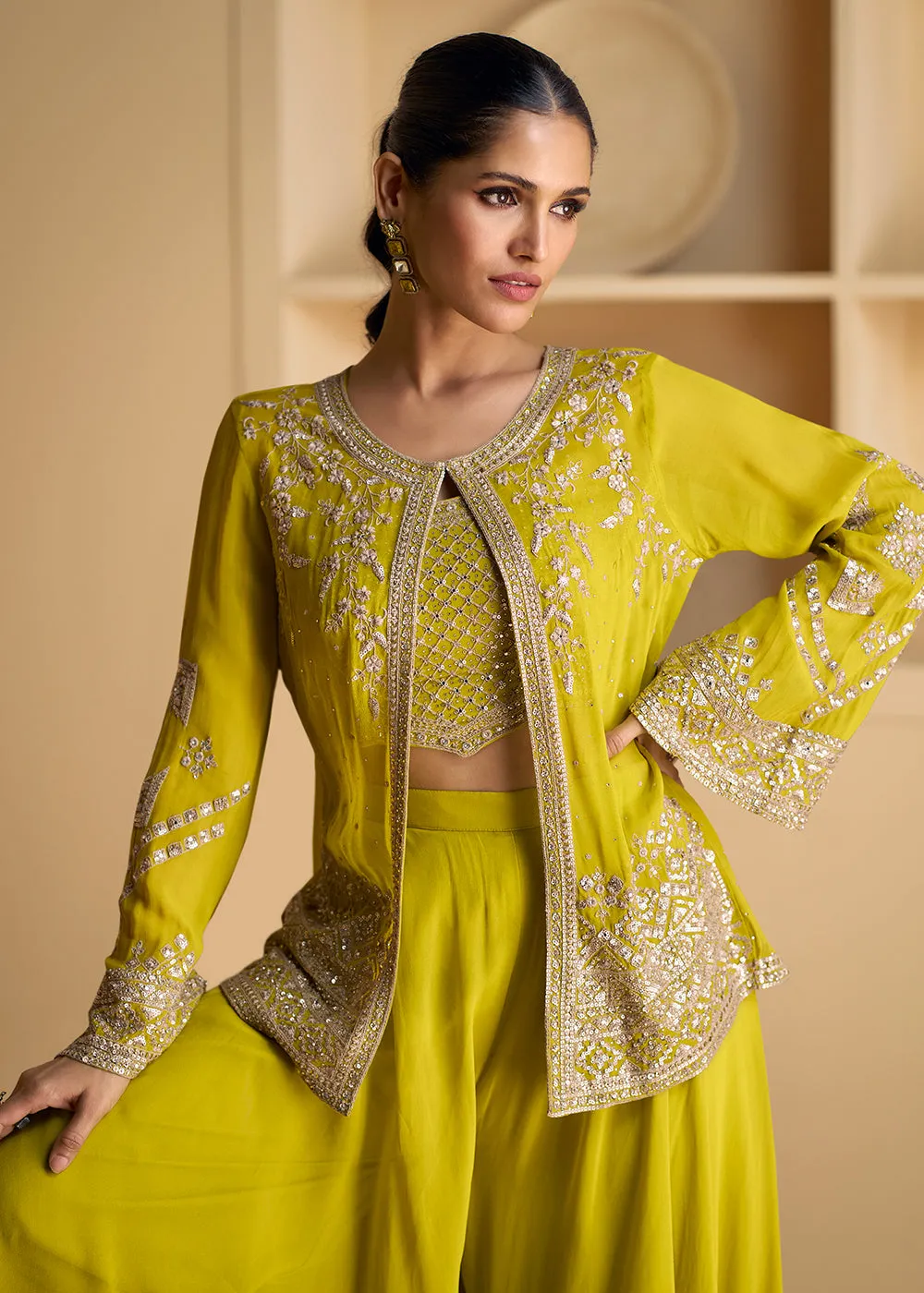 Green Jacket Style Embroidered Indo Western Palazzo Suit