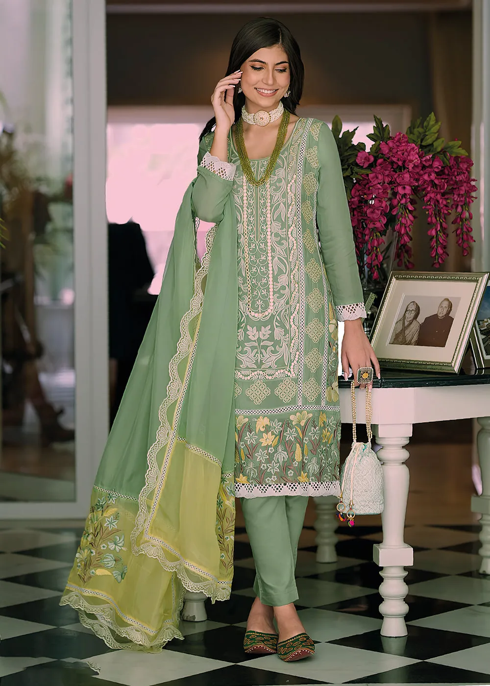 Green Organza Fancy Khatli Work Pakistani Style Suit