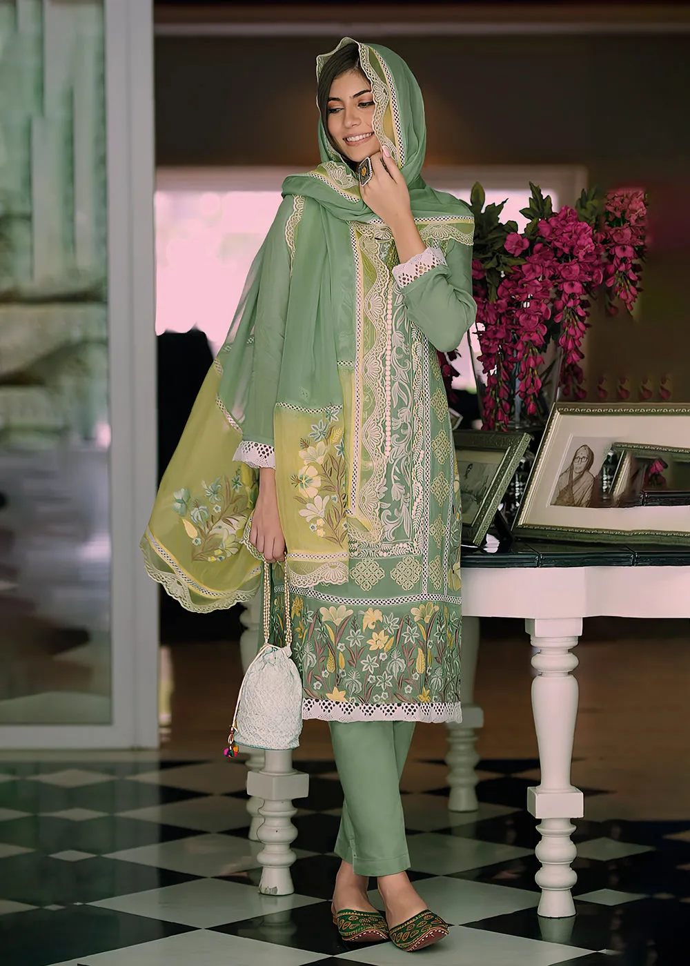 Green Organza Fancy Khatli Work Pakistani Style Suit