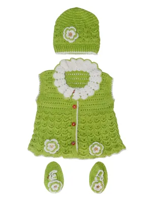 Handmade Woolen Latest Design Short Cardigan Style Frock With Booties & Cap- Lime Green