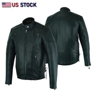 HL10206Tall TALL black vented racer leather motorcycle jacket- (longer sleeve & back length)