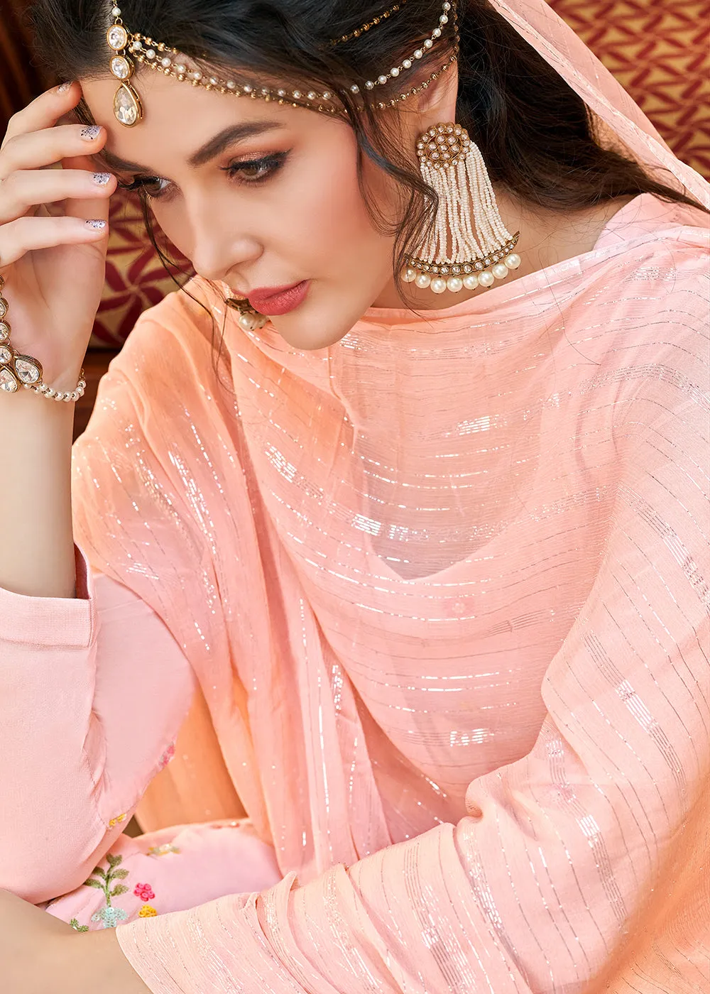Imperial Peachy Pink Georgette Embroidered Salwar Kurta Set