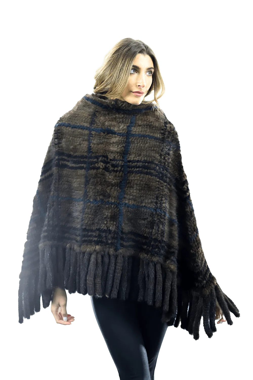 La Fiorentina - Mink Plaid Poncho Brown/Wine/Blue