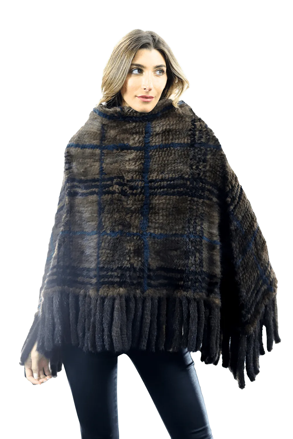 La Fiorentina - Mink Plaid Poncho Brown/Wine/Blue