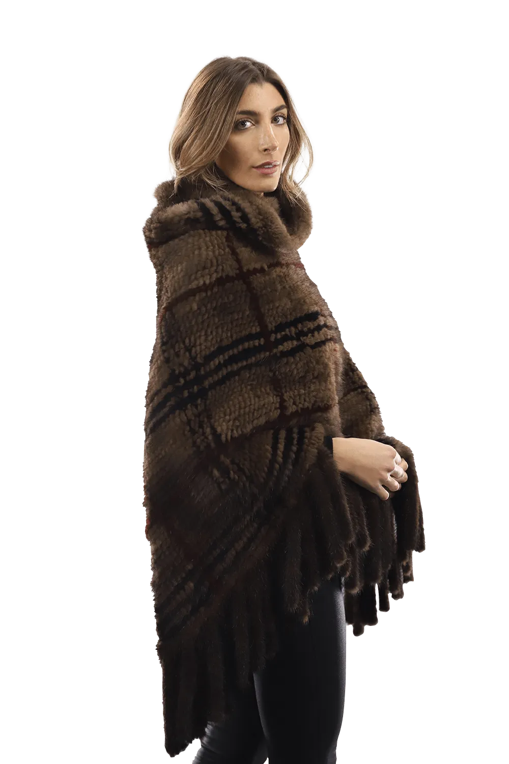 La Fiorentina - Mink Plaid Poncho Brown/Wine/Blue