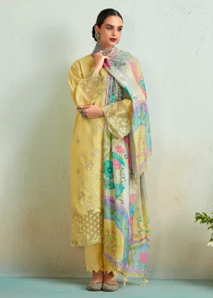 Lemon Yellow Pure Muslin Resham Embroidered Salwar Suit