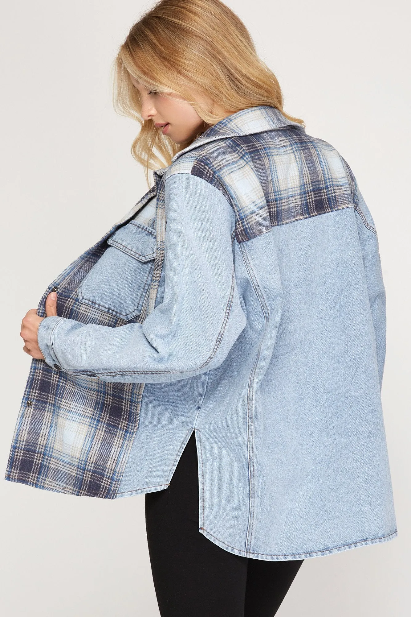 Long sleeve woven plaid and denim mixed jacket