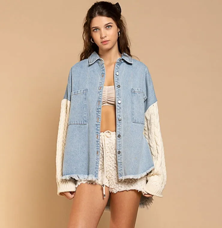 Loose Pockets Stitching Wool Sleeve Jacket Denim Woolen Women Coat