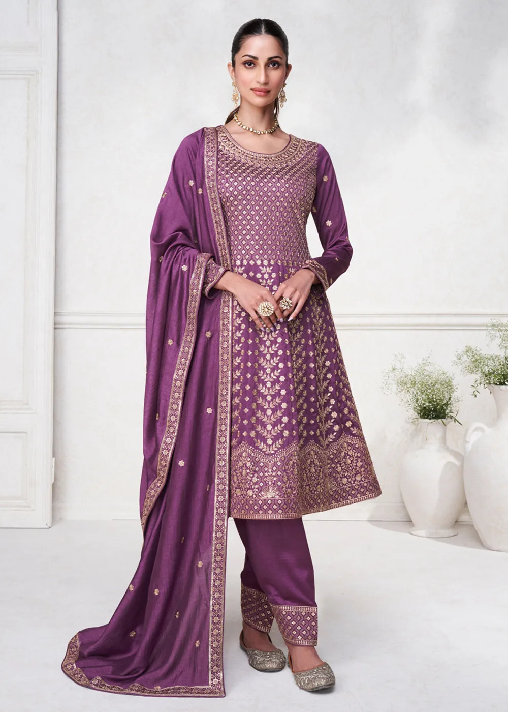 Magenta Purple Punjabi Style Silk Embroidered Salwar Suit