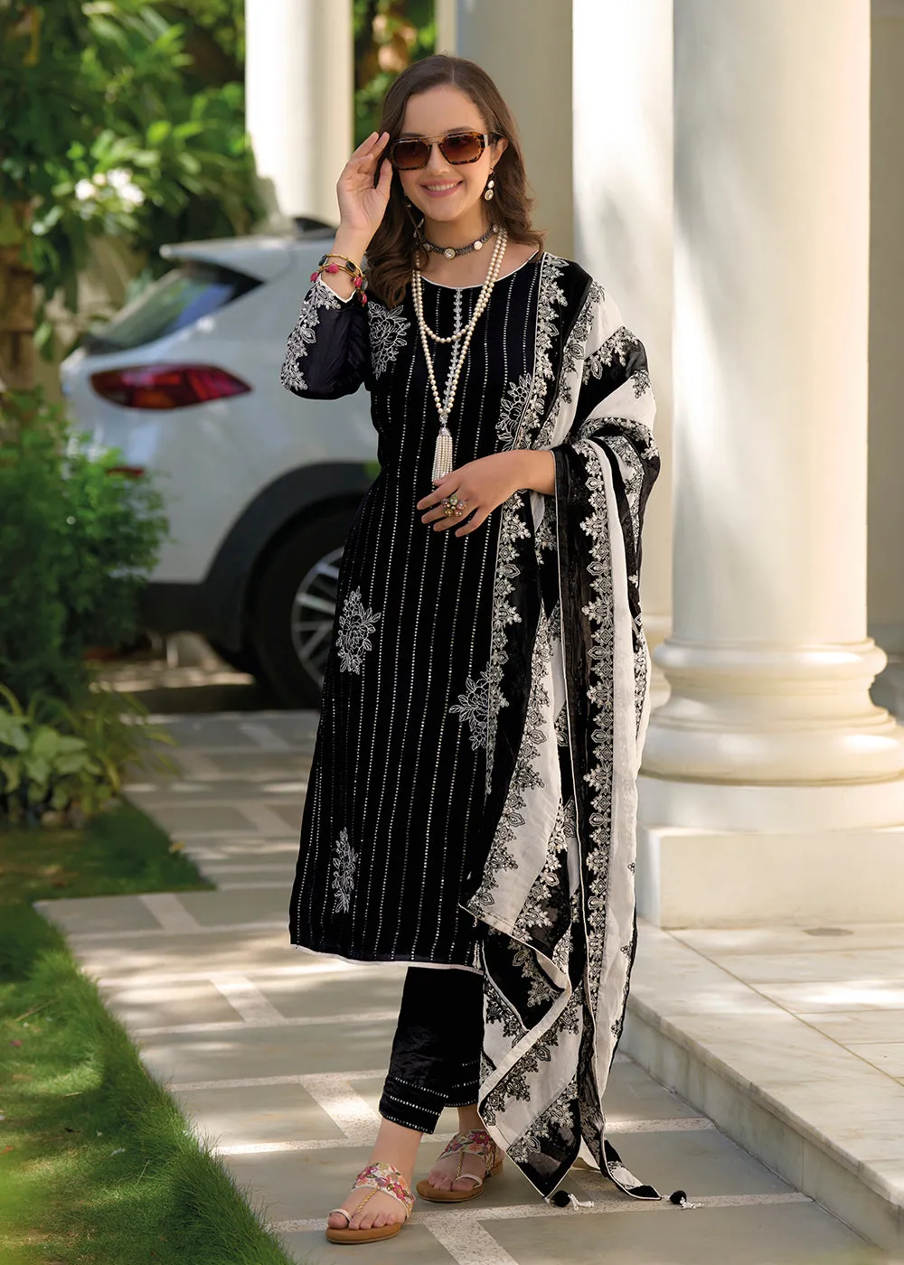 Magnificent Black Organza Fancy Trendy Salwar Suit