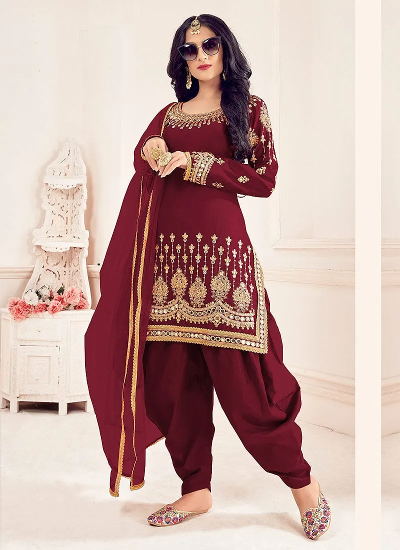 Maroon Patiala Style Mirror Embroidered Punjabi Suit