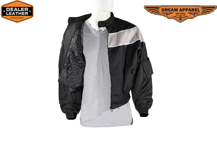 Men's Black Light Textile Motorcycle Jacket w/ White Stripe Across Design