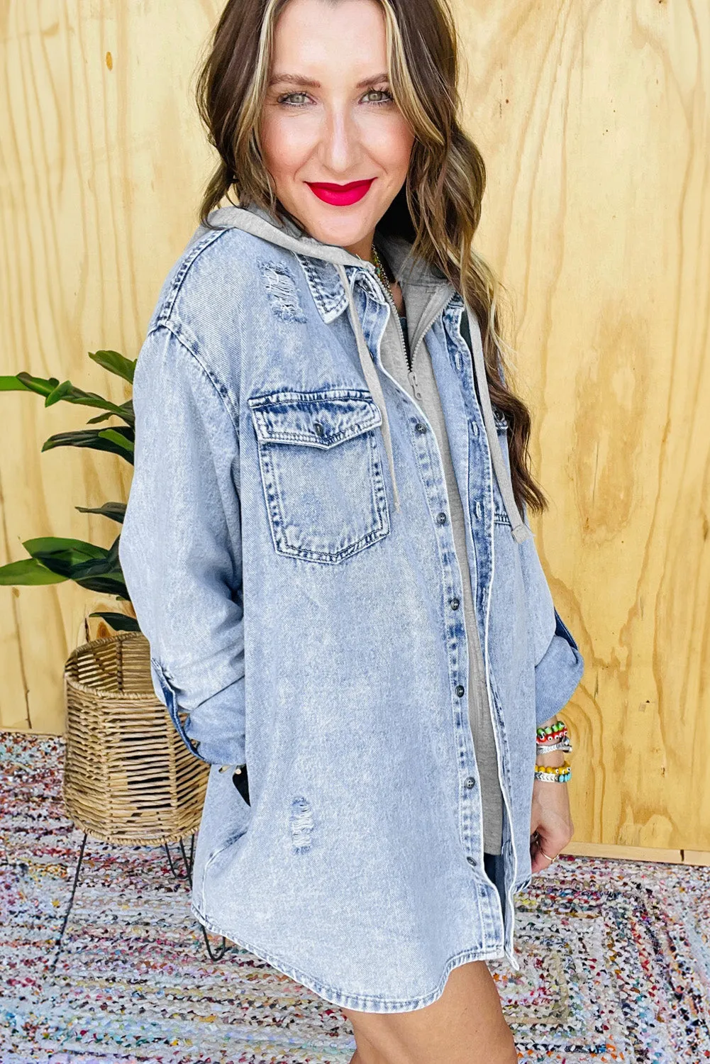 Mist Blue Oversized Hooded Patchwork Denim Jacket