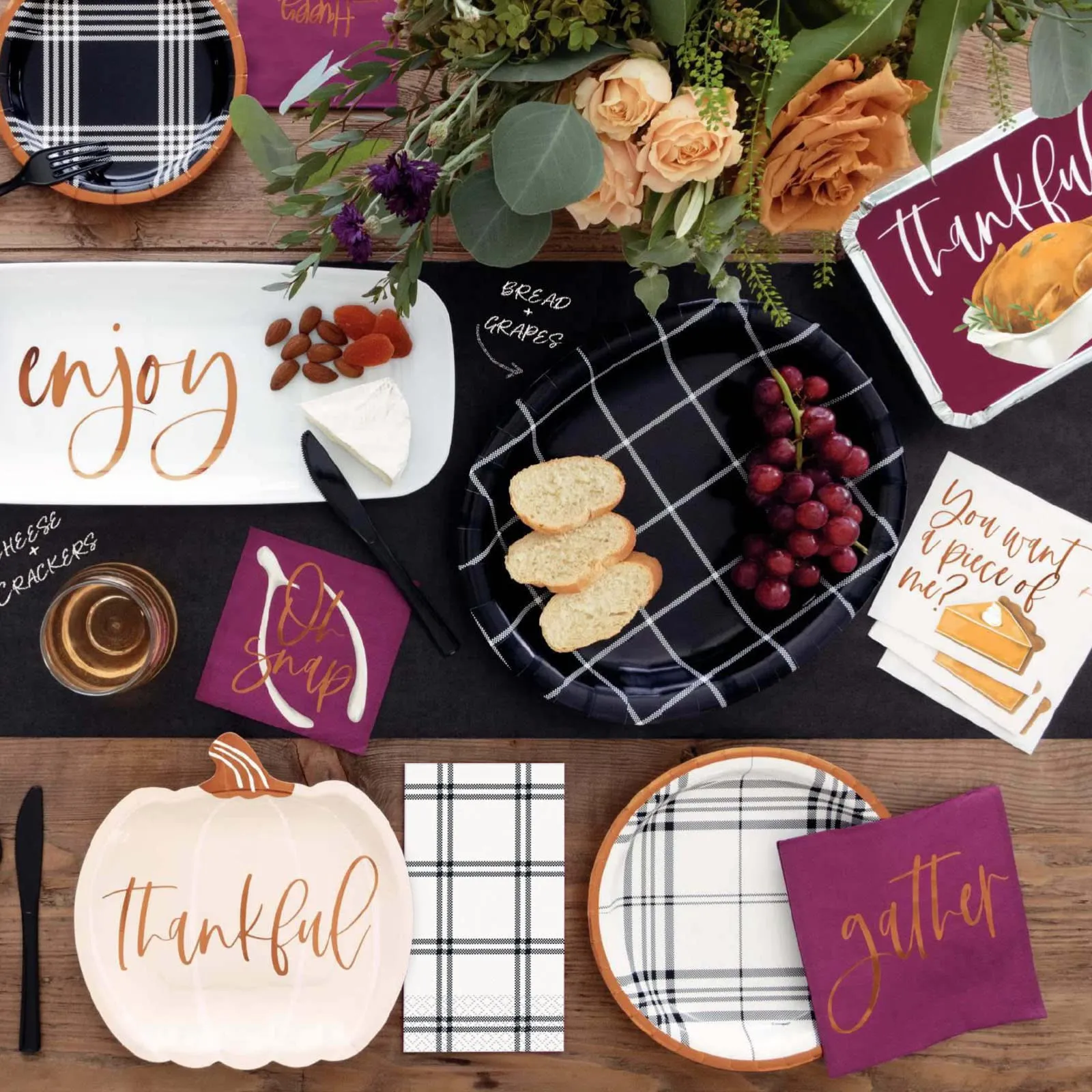 Modern Black & White Fall Plaid With Copper Trim Paper Dinner Plates and Guest Napkins (Serves 16)