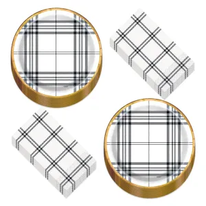 Modern Black & White Fall Plaid With Copper Trim Paper Dinner Plates and Guest Napkins (Serves 16)