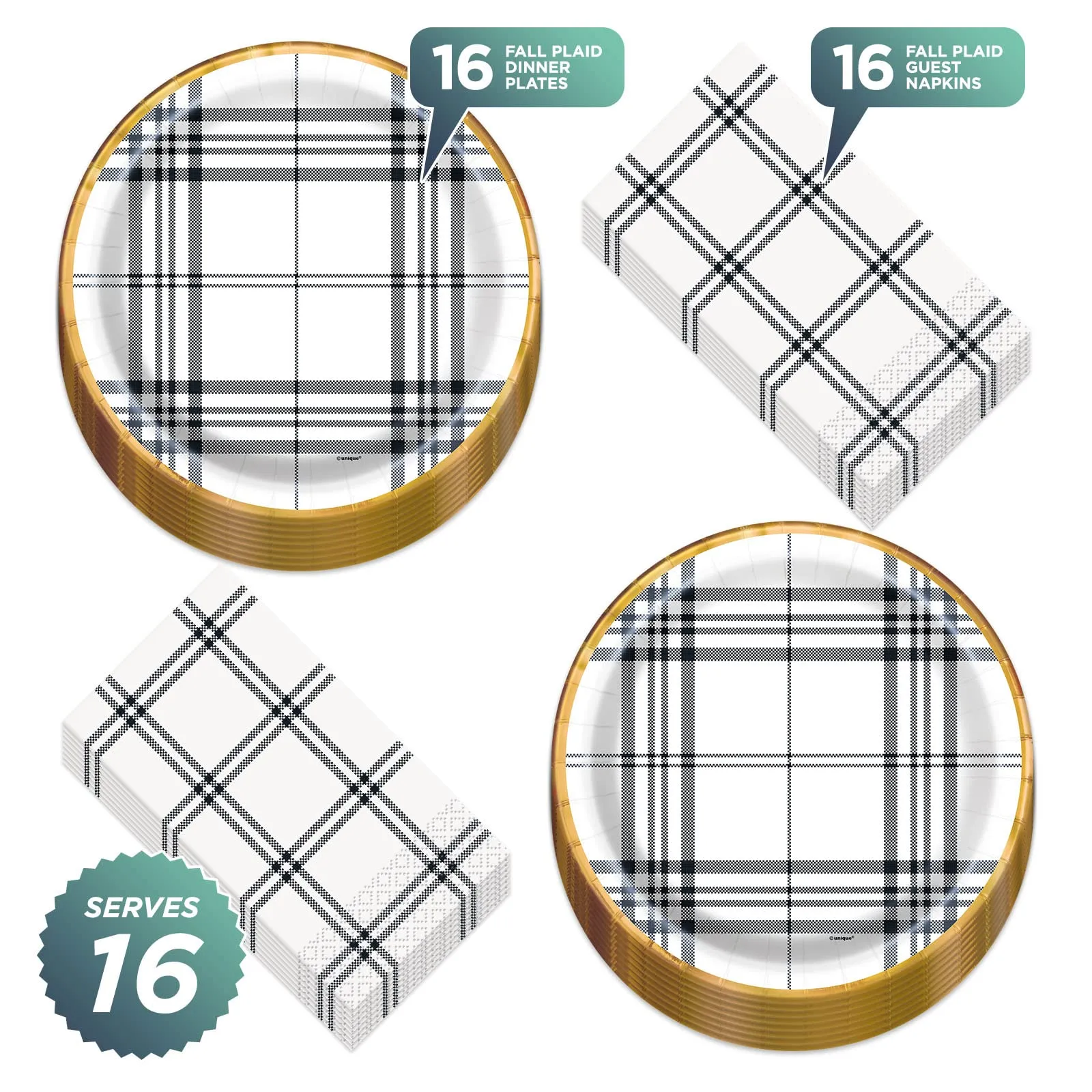 Modern Black & White Fall Plaid With Copper Trim Paper Dinner Plates and Guest Napkins (Serves 16)