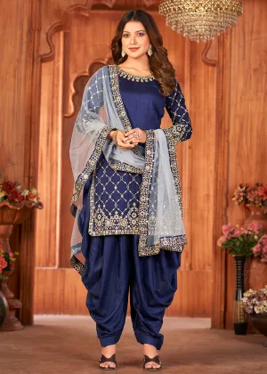 Navy Blue Glass Work Art Silk Patiala Salwar Suit