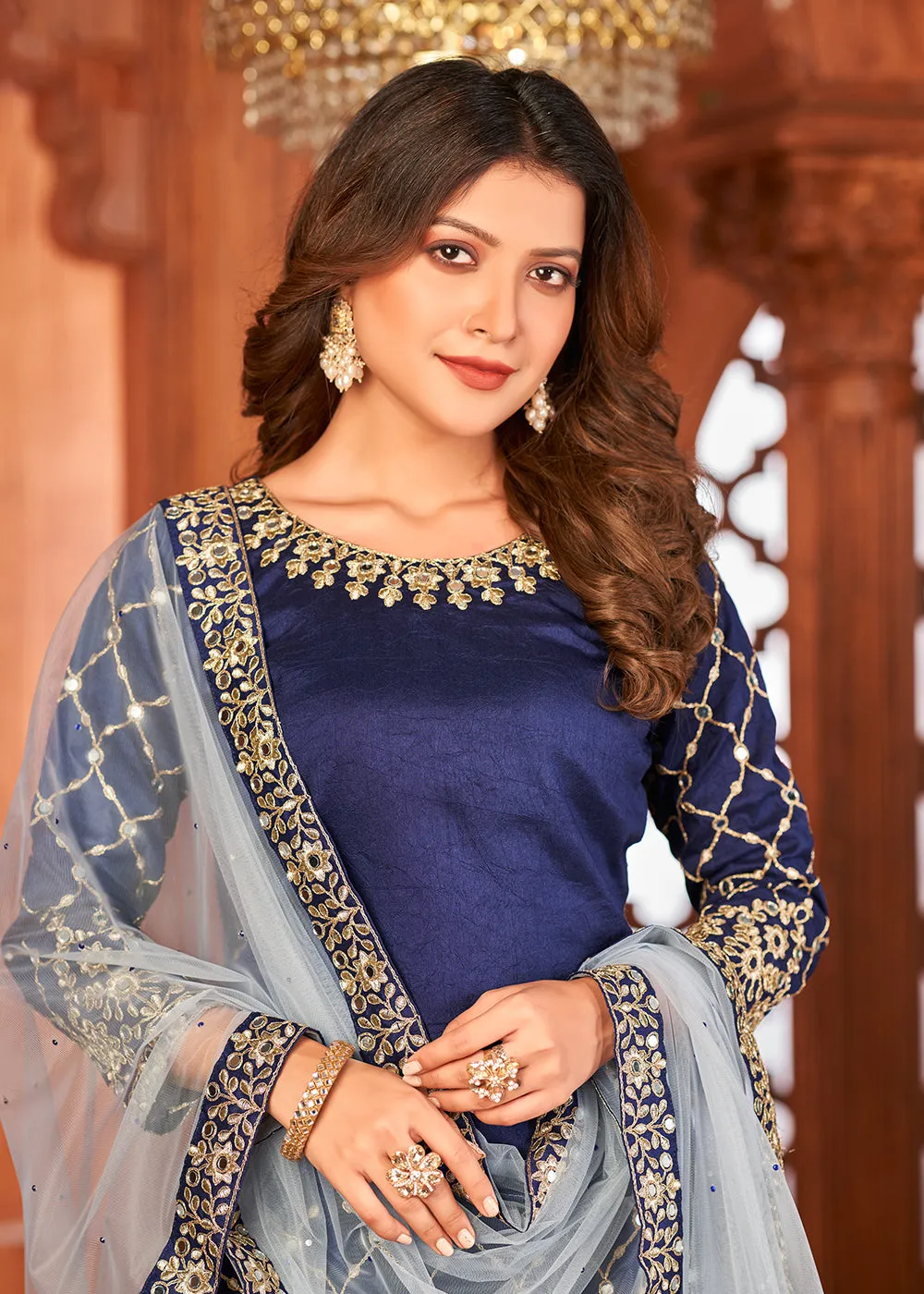 Navy Blue Glass Work Art Silk Patiala Salwar Suit