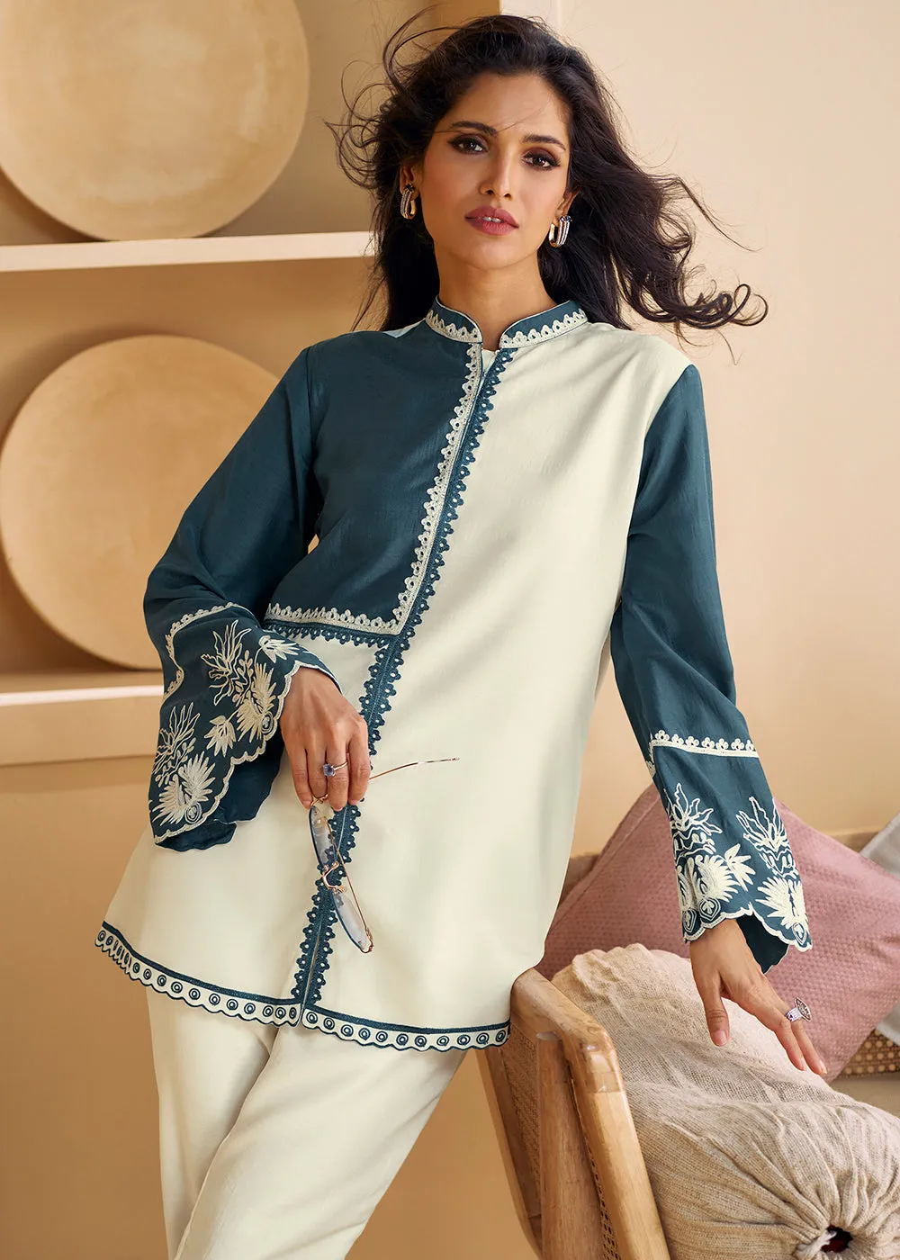 Off White & Blue Silk Party Wear Indo-Western Co-Ords Set