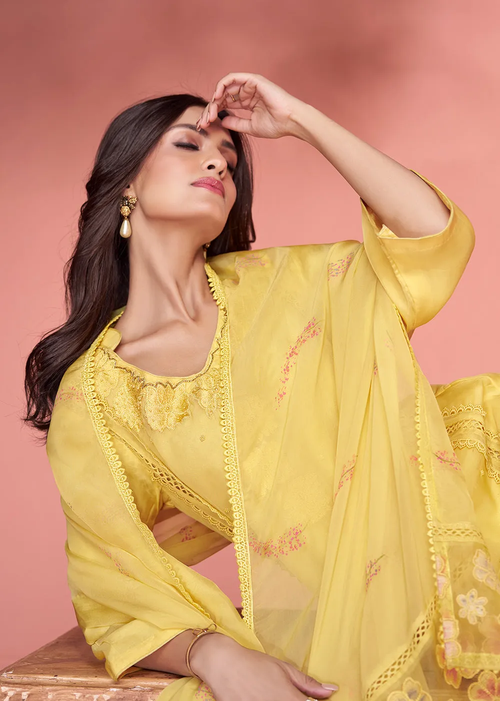 Organza Silk Pretty Yellow Pakistani Style Salwar Suit