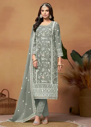 Pakistani Style Moss Grey Embroidered Organza Salwar Suit