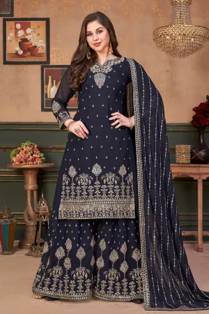 Pakistani Style Navy Blue Embroidered Palazzo Salwar Suit