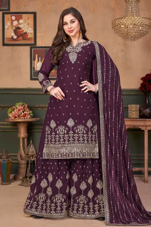 Pakistani Style Plum Purple Embroidered Palazzo Salwar Suit