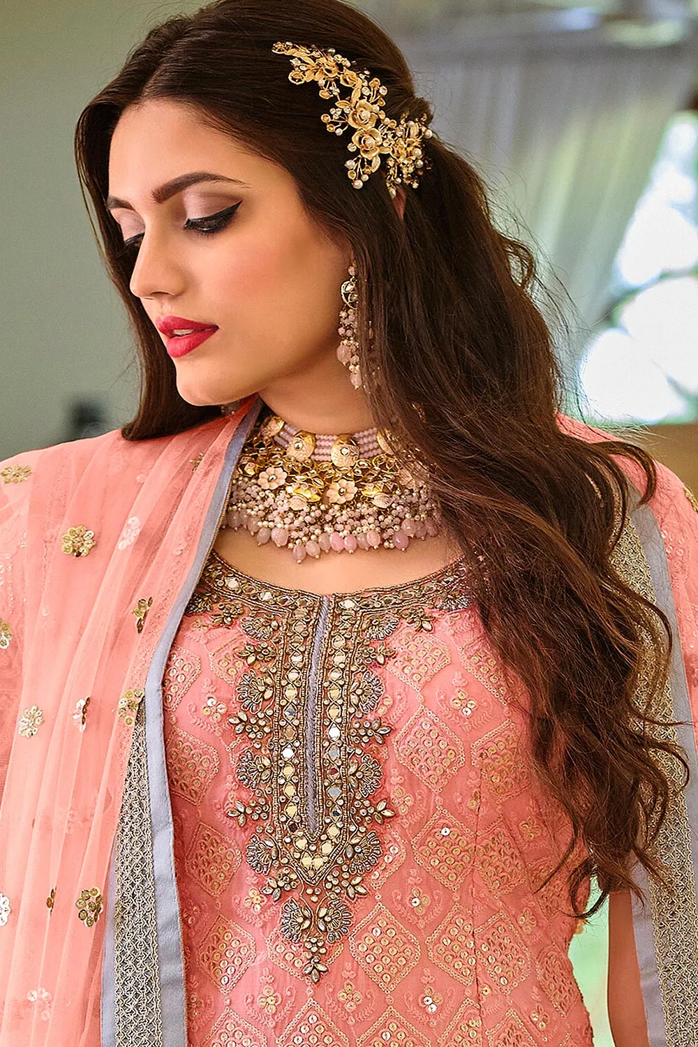 Palazzo Style Peach Embellished Georgette Suit