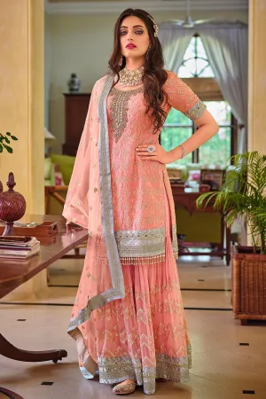 Palazzo Style Peach Embellished Georgette Suit