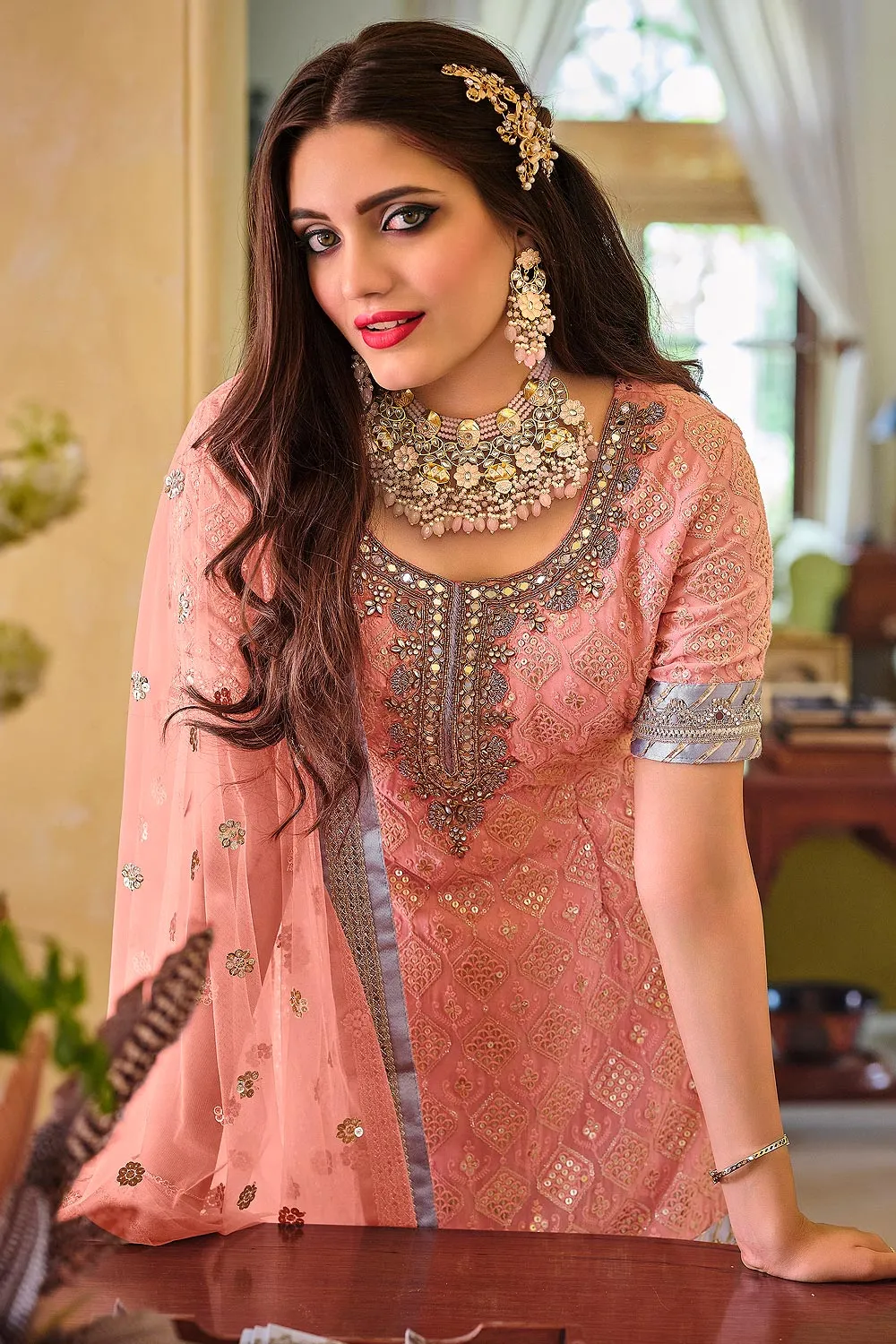 Palazzo Style Peach Embellished Georgette Suit