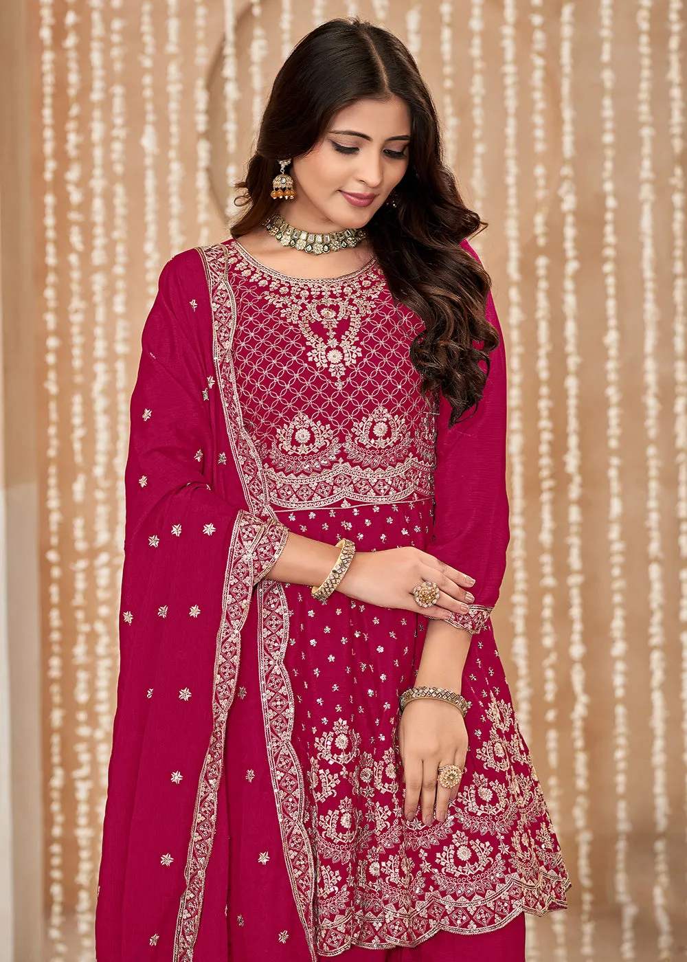 Palazzo Style Rani Pink Embroidered Wedding Festive Suit