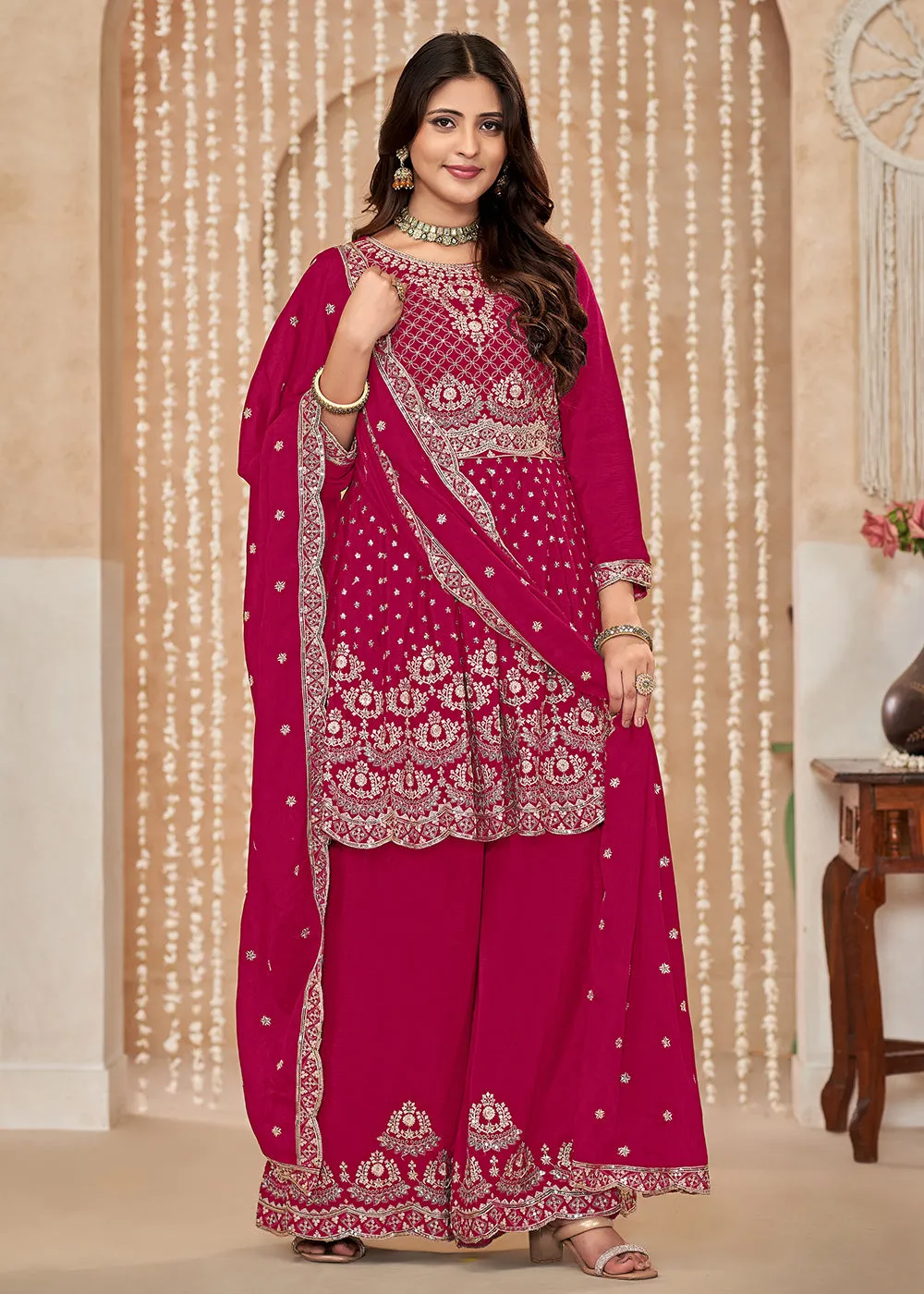 Palazzo Style Rani Pink Embroidered Wedding Festive Suit