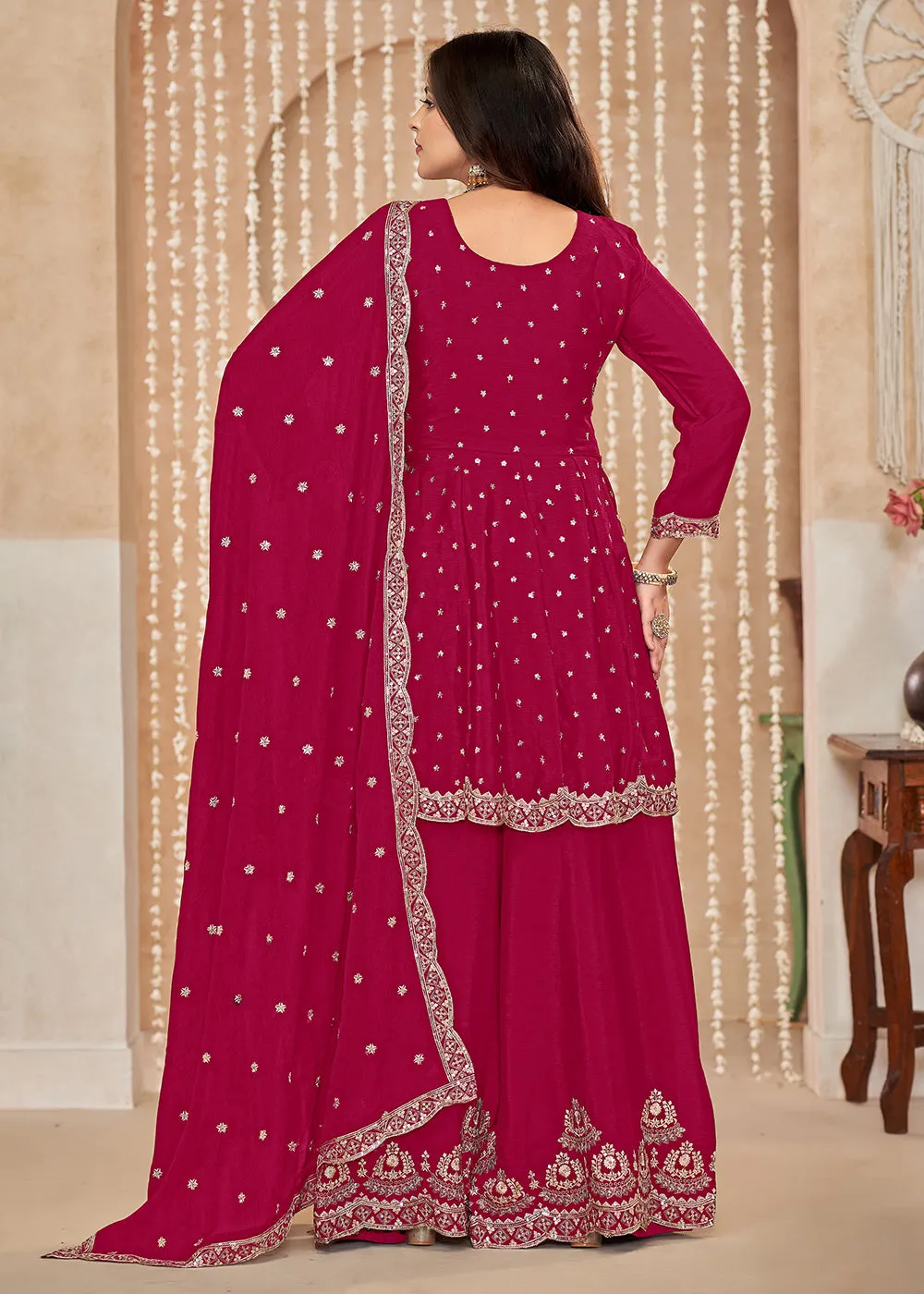 Palazzo Style Rani Pink Embroidered Wedding Festive Suit