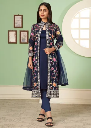 Pant Style Enchanting Blue Party Wear Jacket Style Salwar Suit