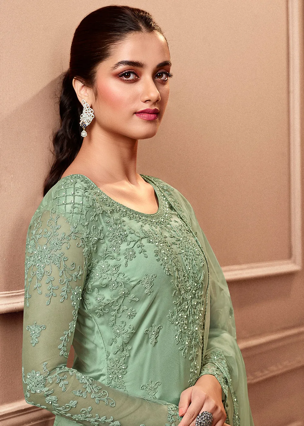 Pant Style Mint Green Embroidered Wedding Salwar Suit