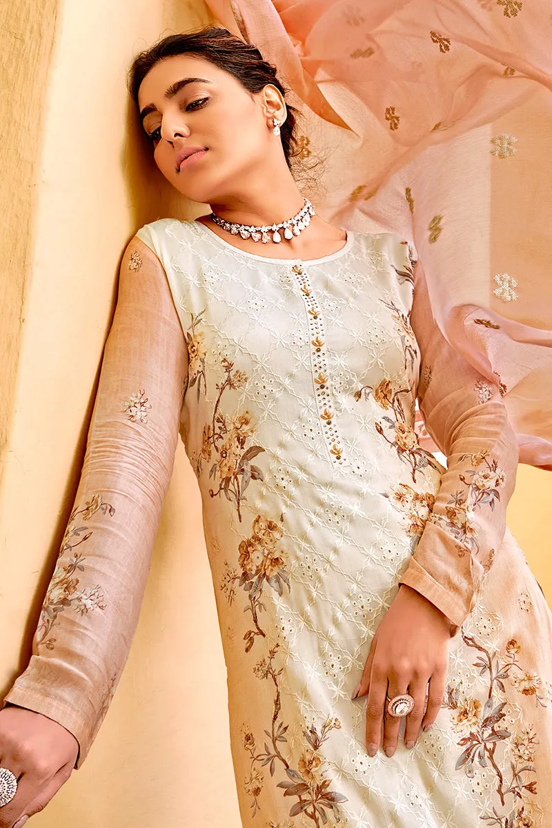 Pant Style Peach & Cream Embroidered Pure Viscose Suit