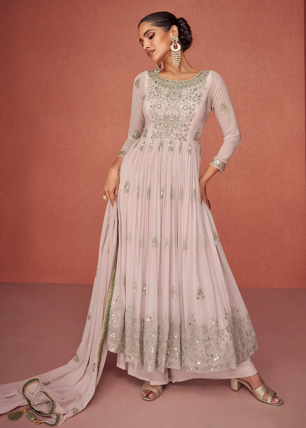 Pastel Mauve Anarkali Style Embroidered Palazzo Style Suit