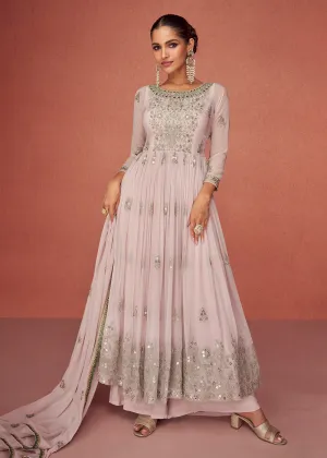 Pastel Mauve Anarkali Style Embroidered Palazzo Style Suit