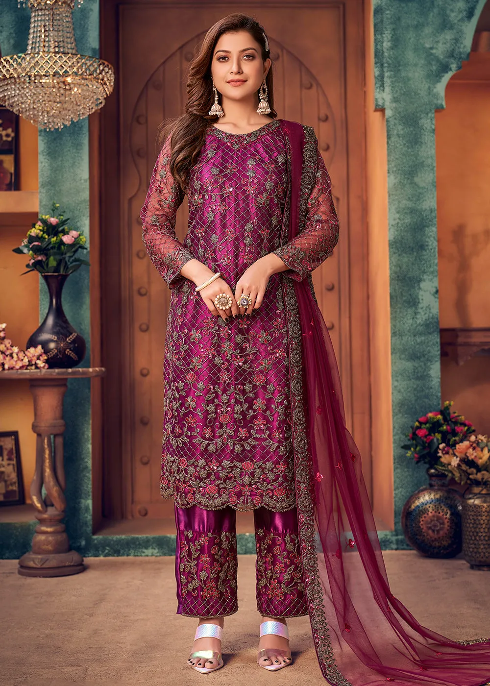 Pearlescent Purple Layered Festive Pant Style Salwar Suit