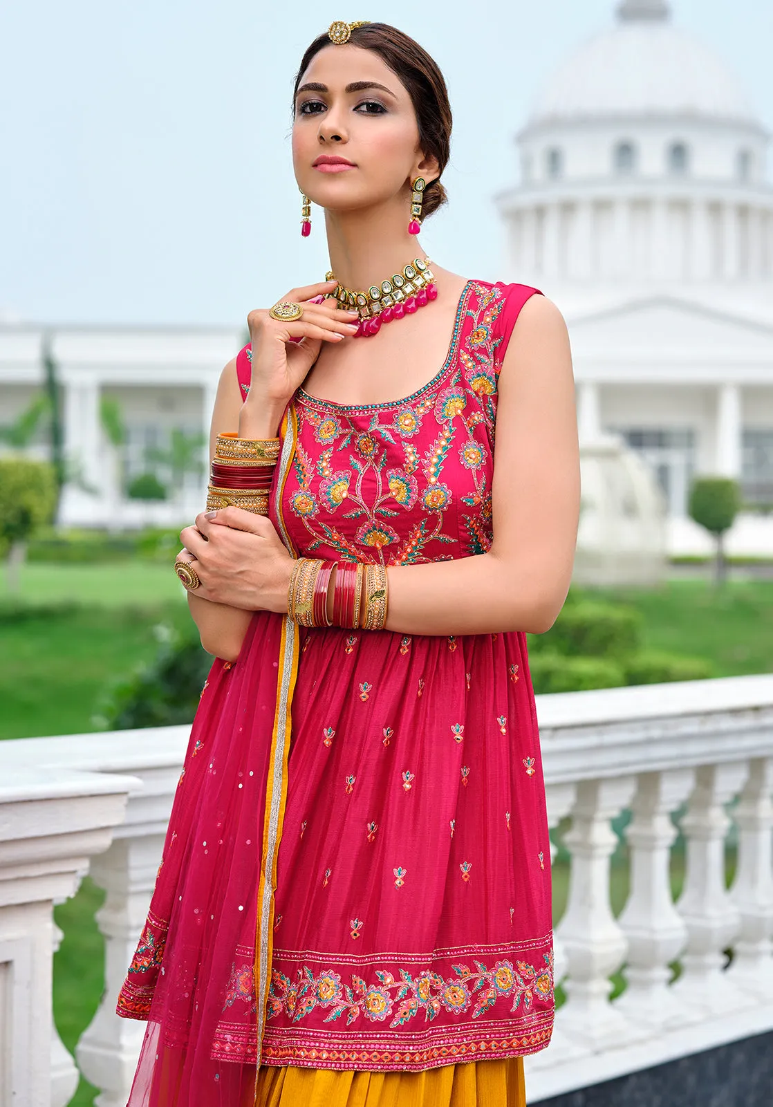 Pink & Yellow Palazzo Style Viscose Georgette Peplum Suit