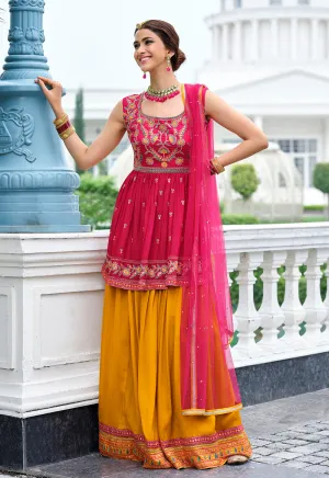 Pink & Yellow Palazzo Style Viscose Georgette Peplum Suit