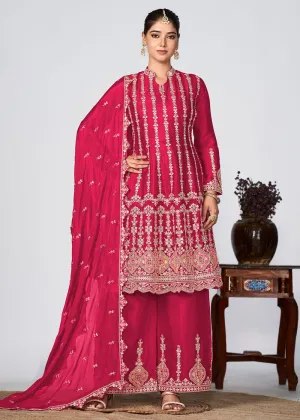 Pink Heavy Chinnon Embroidered Festive Palazzo Suit